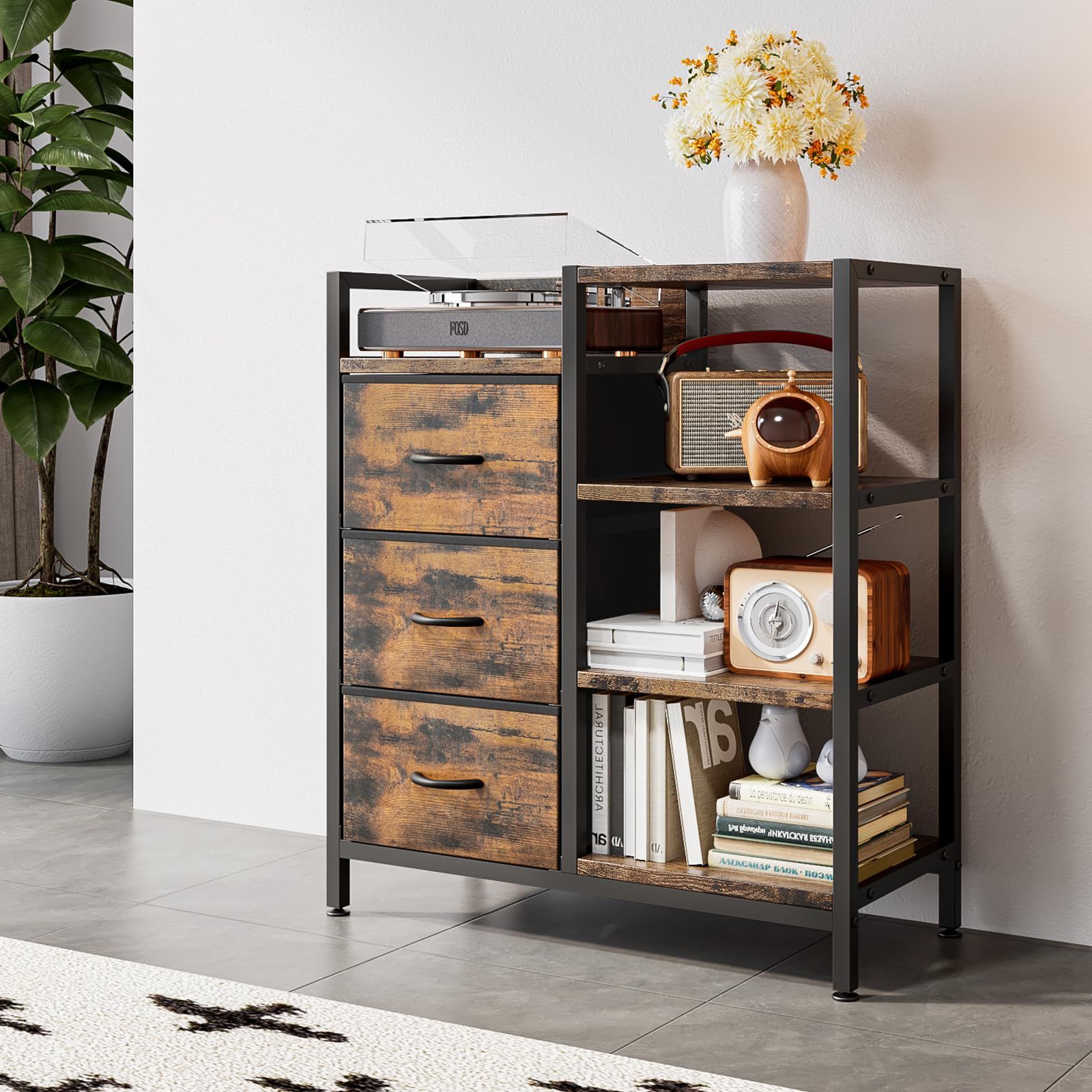 PASRLD タンス 4段棚つき チェスト キャビネット 収納棚 布製引き出し