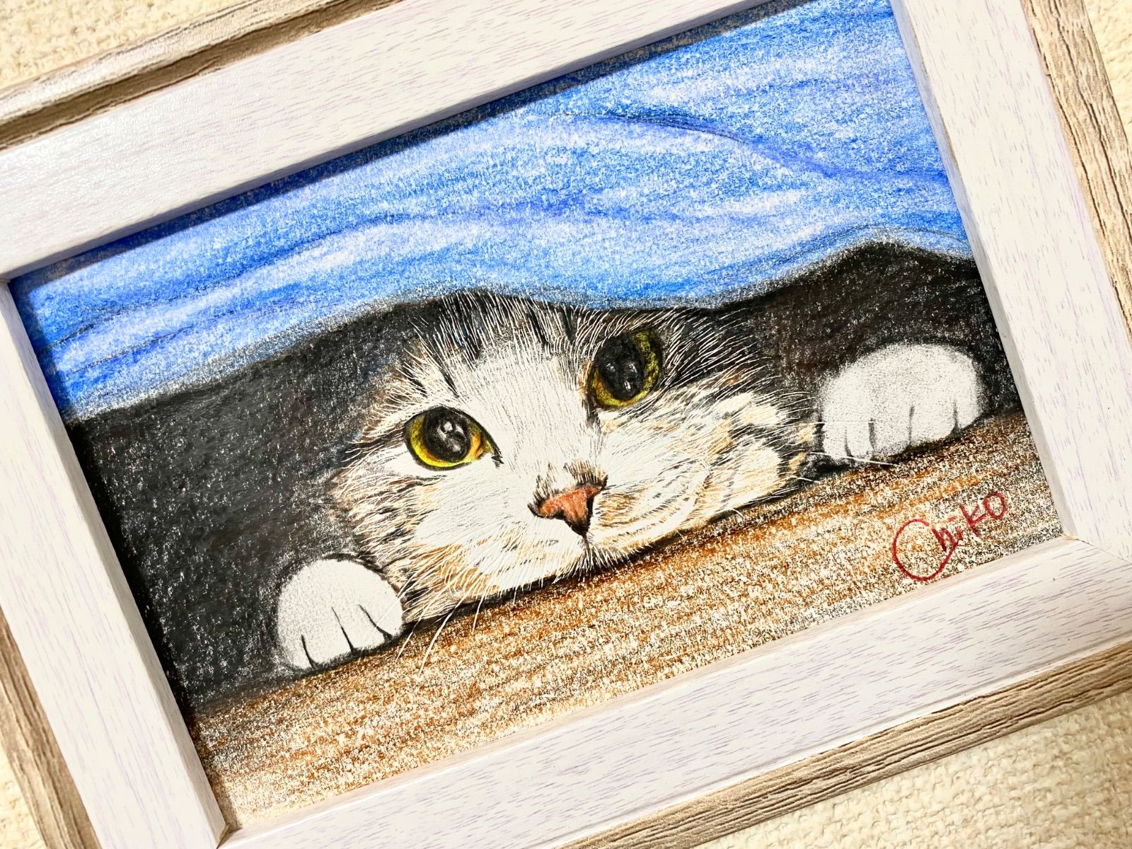 猫 色鉛筆画 額縁付き - メルカリ