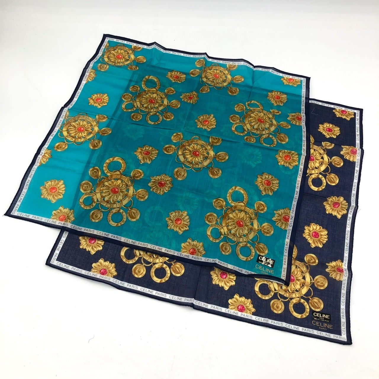 新品 セリーヌ ハンカチ 2枚セット 宝石 チェーン柄 綿100% ブルー