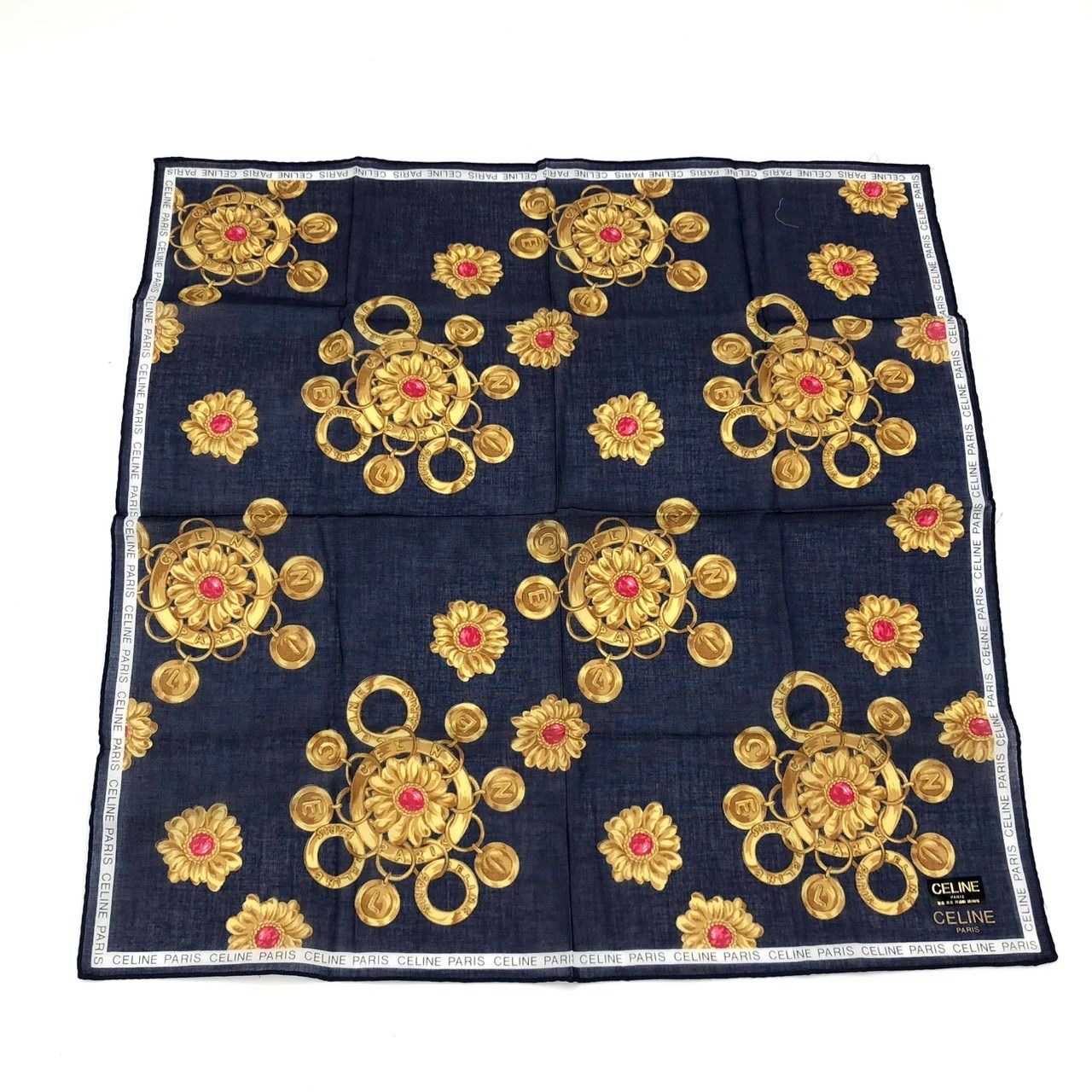 新品 セリーヌ ハンカチ 2枚セット 宝石 チェーン柄 綿100% ブルー