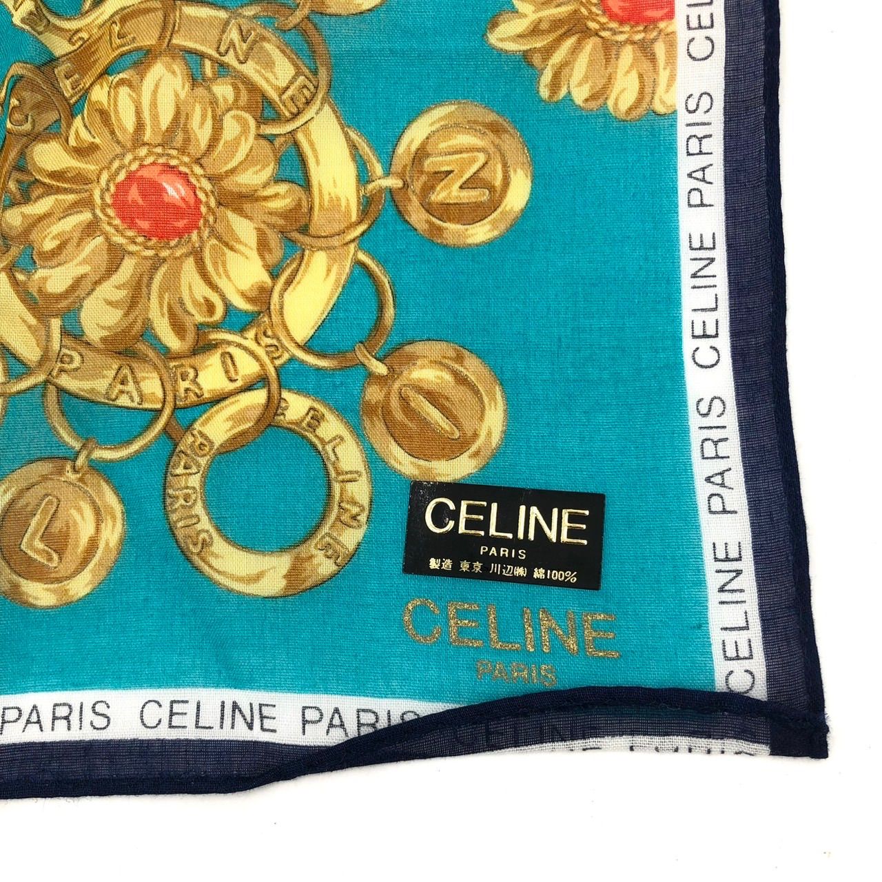 新品 セリーヌ ハンカチ 2枚セット 宝石 チェーン柄 綿100% ブルー