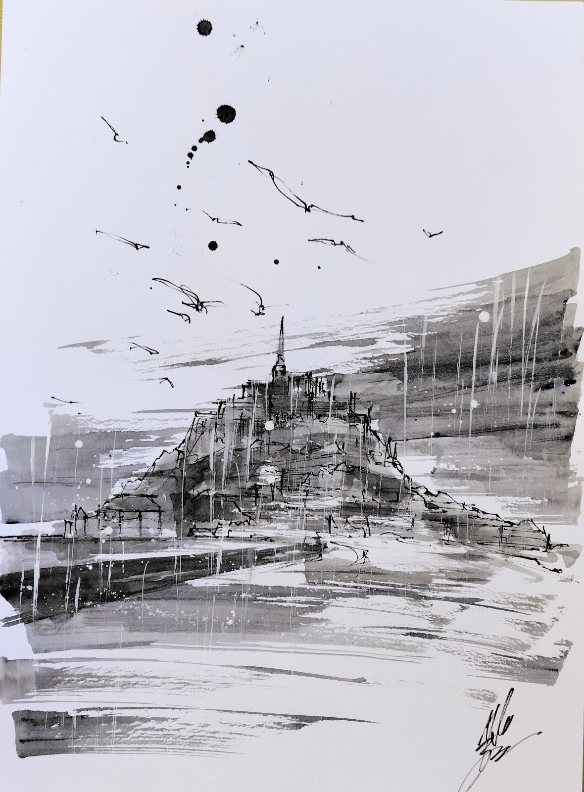 原画#294 雨 モンサンミシェル フランス 水彩画 ドローイング