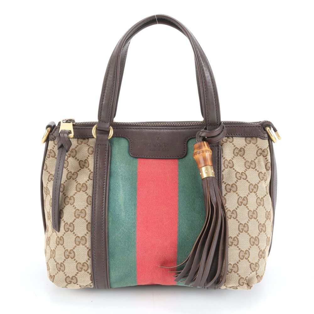 美品 グッチ GG キャンバス シェリー ライン バンブー 353114 レザー