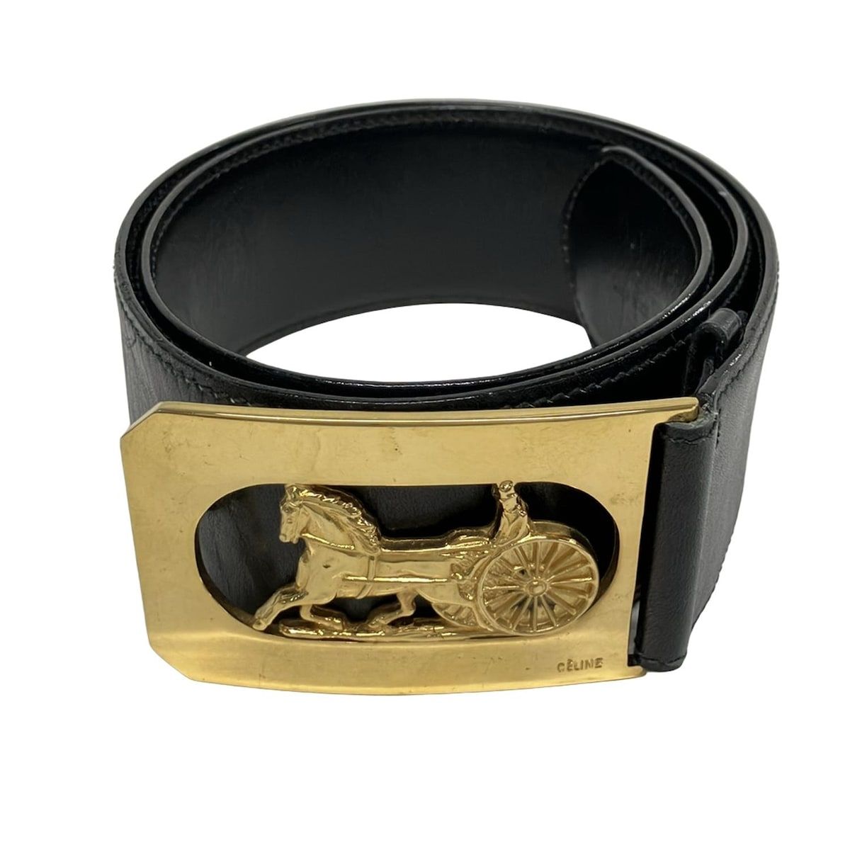 CELINE(セリーヌ) ベルト 80 - 黒×ゴールド ホースキャリッジ レザー
