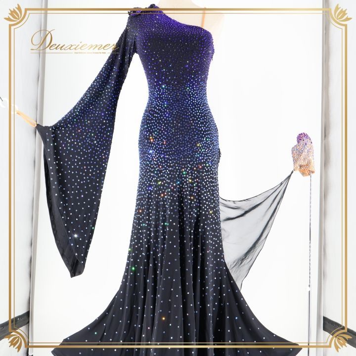 社交ダンス 衣装 スタンダードドレス ワンピース ドレス 黒 青 豪華