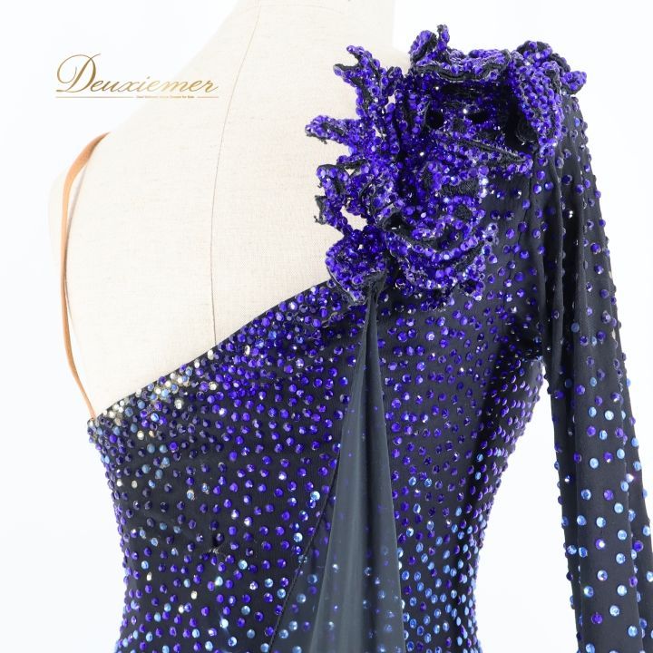 社交ダンス 衣装 スタンダードドレス ワンピース ドレス 黒 青 豪華