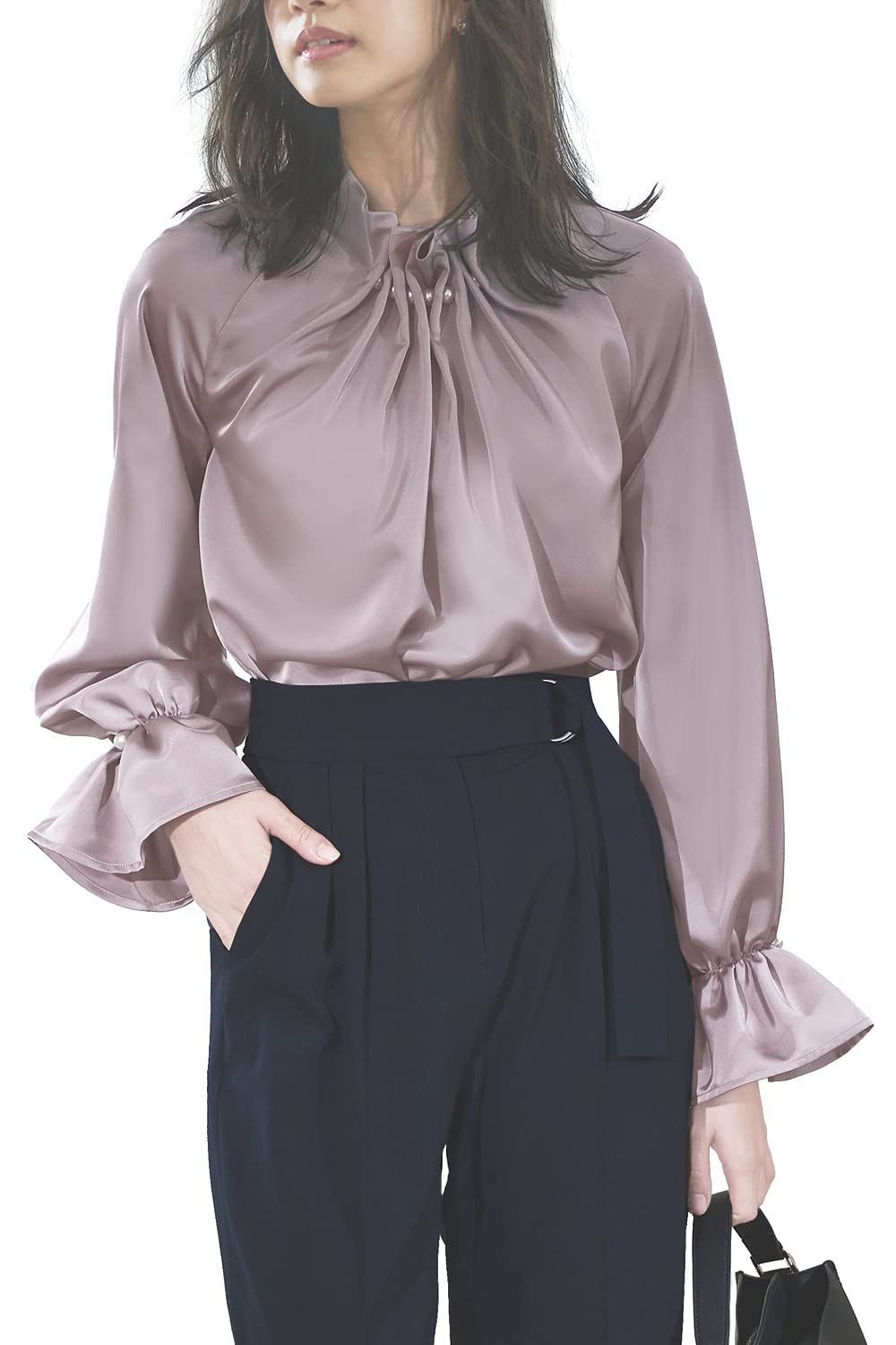 ブティック] ウエーブ タック パール ブラウス レディース ルエ ミセス OL ママ トップス スーツ シャツ インナー 長袖 フォーマル [ルイ カジュアル 大きいサイズ ビジネス オフィス 通勤 セレモニー 入学式 卒業式