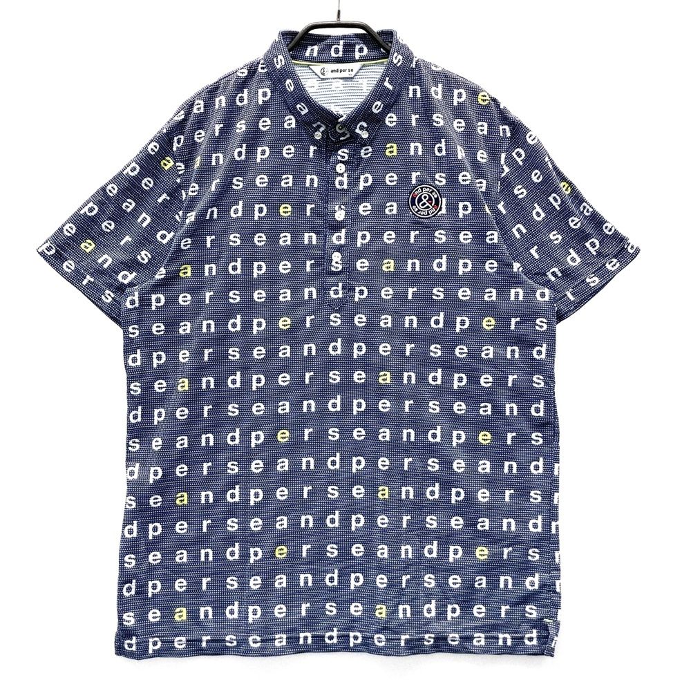 サイズ：LL AND PER SE アンパスィ 半袖ポロシャツ 総柄 ネイビー系