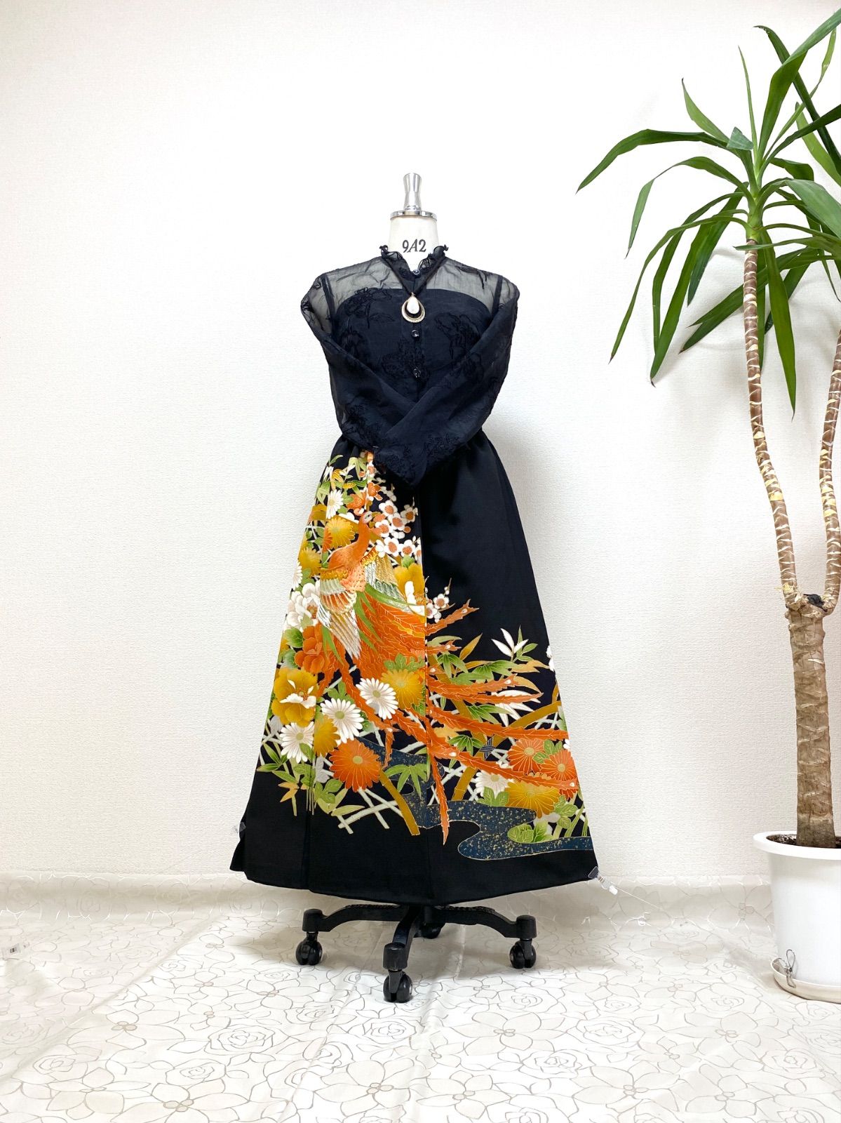 大人可愛いセレブ着物スカートフリーサイズ黒留袖着物リメイクロングスカート5850 大人可愛いセレブ着物スカートフリーサイズ黒留袖着物リメイクウエスト