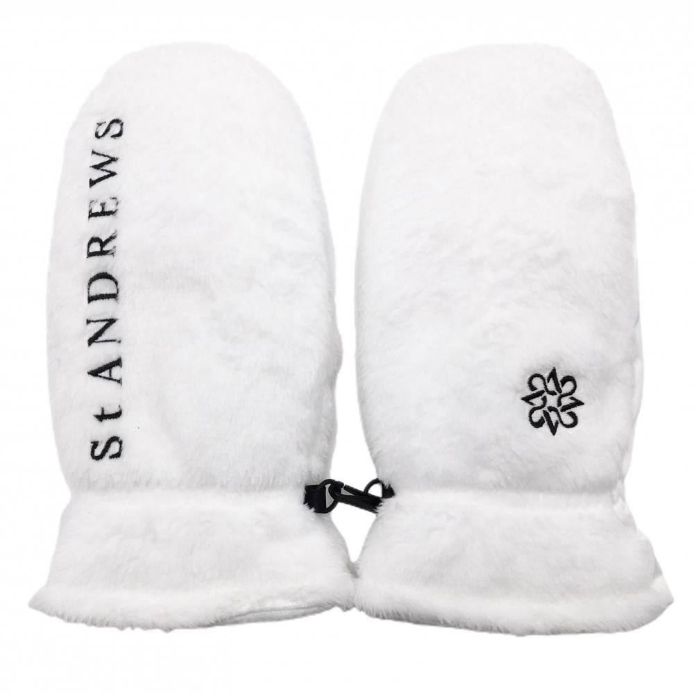 [Super Beautiful] St. Andrews Gloves, White x Black, Boa Mittens, Logo Embroidered, Ladies Golf Wear, St ANDREWS