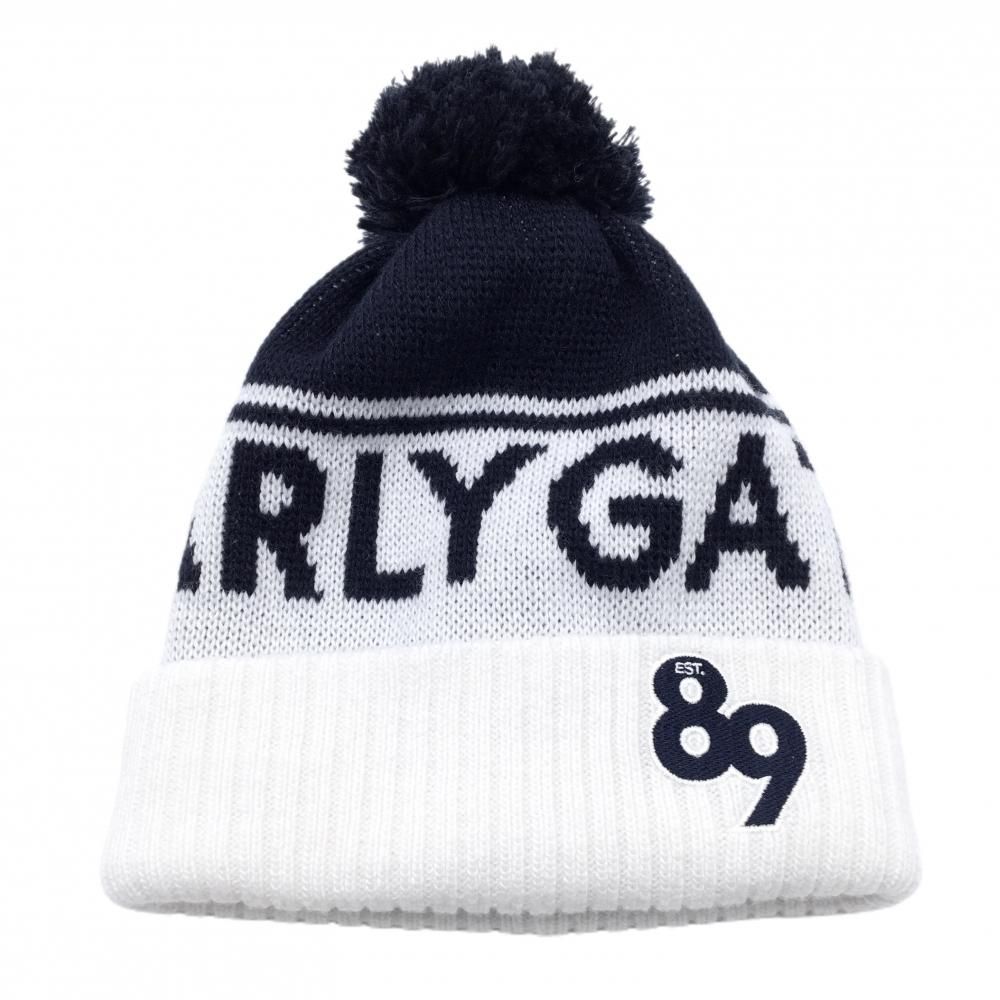 超美品】パーリーゲイツ ニット帽 白×ネイビー ボンボン付き FR ゴルフ