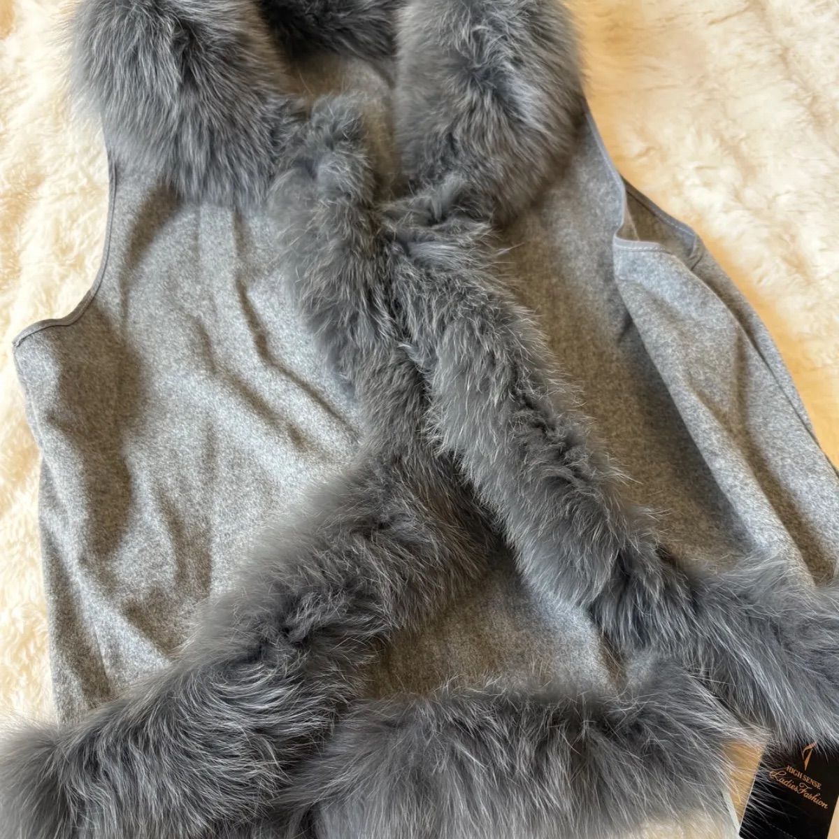カシミヤ100％ フォックスファー ベスト グレー M〜L ケープ欠品 タグ