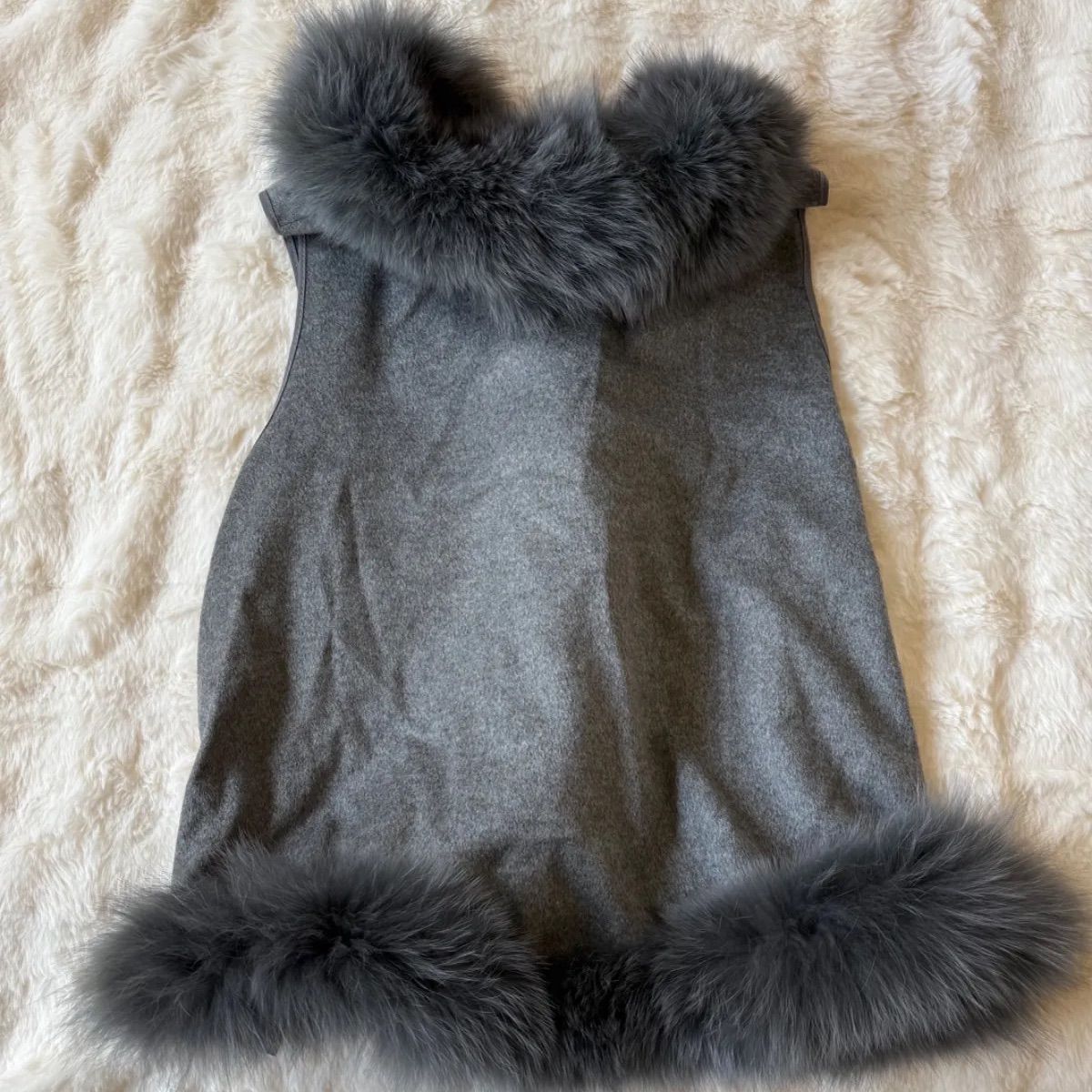 カシミヤ100％ フォックスファー ベスト グレー M〜L ケープ欠品 タグ