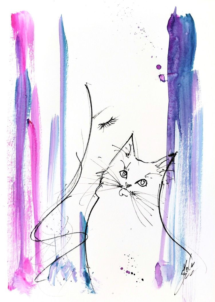 原画#296 女性画 猫 水彩画 ドローイング インテリア アート イラスト