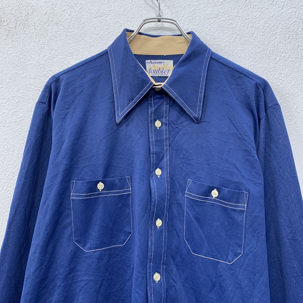 70s Arrow 長袖 無地シャツ XL ブルー アロー ボタン 70年代 ロングポイント ステッチ 胸ポケット シンプル シンプル 春物 a801-6168