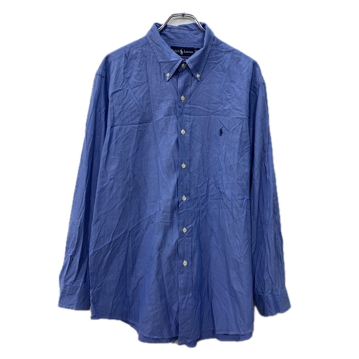 90s RALPH LAUREN 長袖 無地シャツ XL ブルー ラルフローレン ボタン