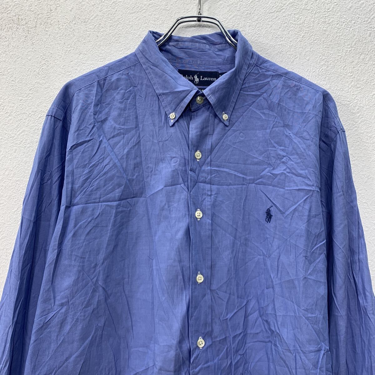 90s RALPH LAUREN 長袖 無地シャツ XL ブルー ラルフローレン ボタン