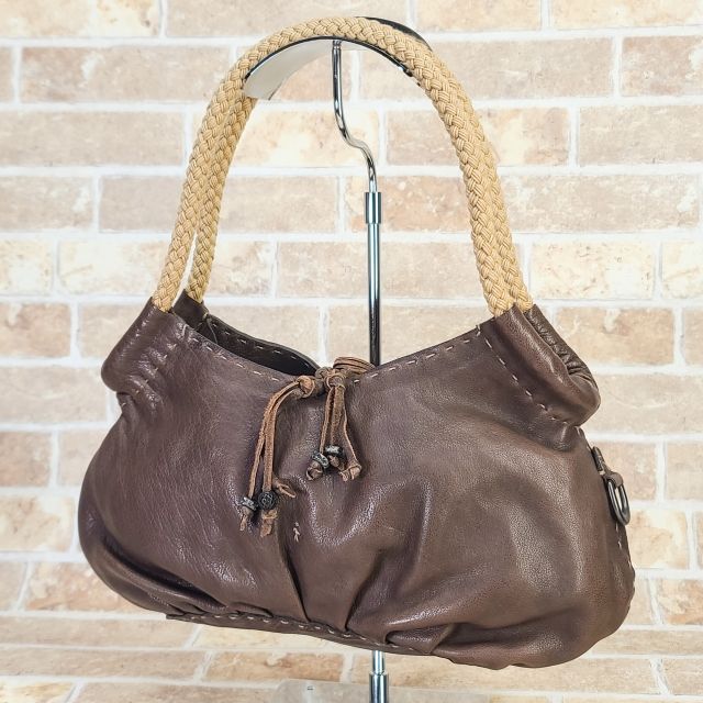 美品 エンリーベグリン ☆ レザー ハンドバッグ ブラウン オミノ刺繍