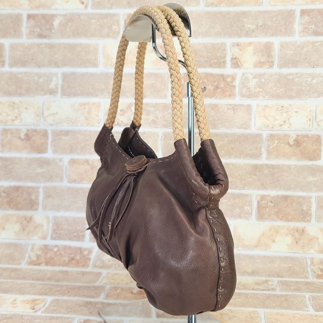 美品 エンリーベグリン ☆ レザー ハンドバッグ ブラウン オミノ刺繍