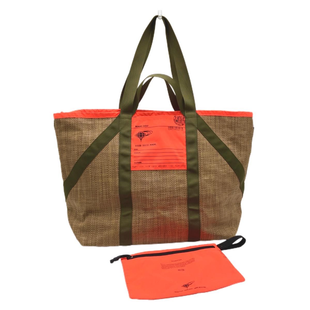 BEAMSGOLF トートバッグ グリーン/ベージュ ビームスゴルフ ロッカーバッグ ベージュ系×カーキ×蛍光オレンジ系