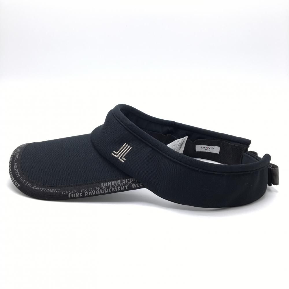 超美品】ランバンスポール サンバイザー 黒 つば縁英字柄 後ろリボン