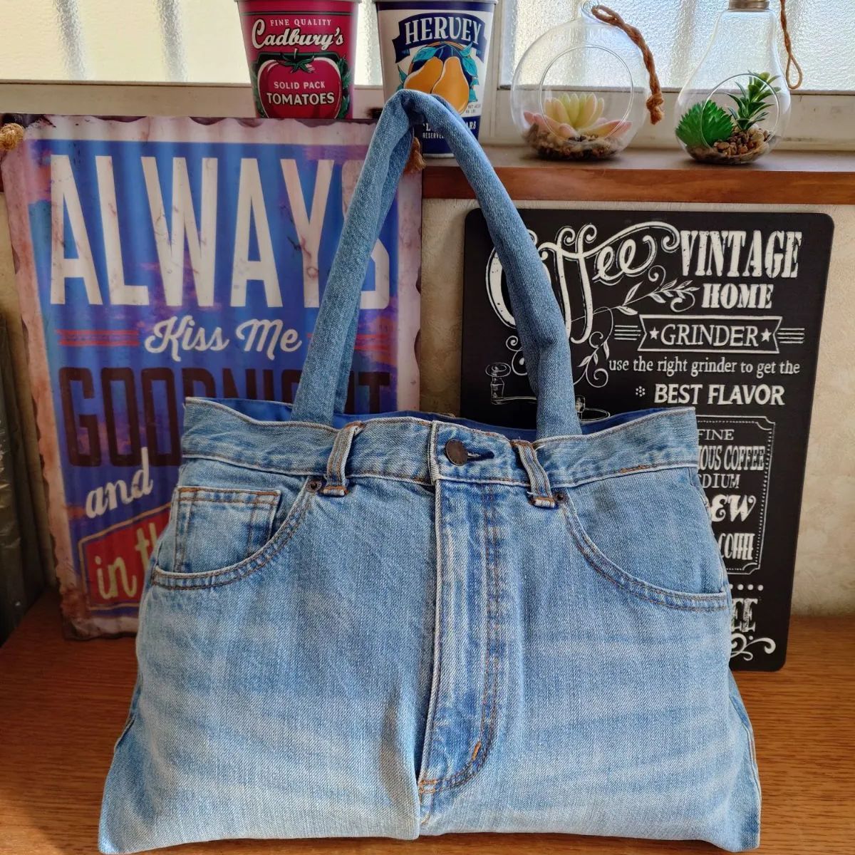 191☆USEDダメージデニムリメイク☆大きめトートバッグ☆デカバッグ
