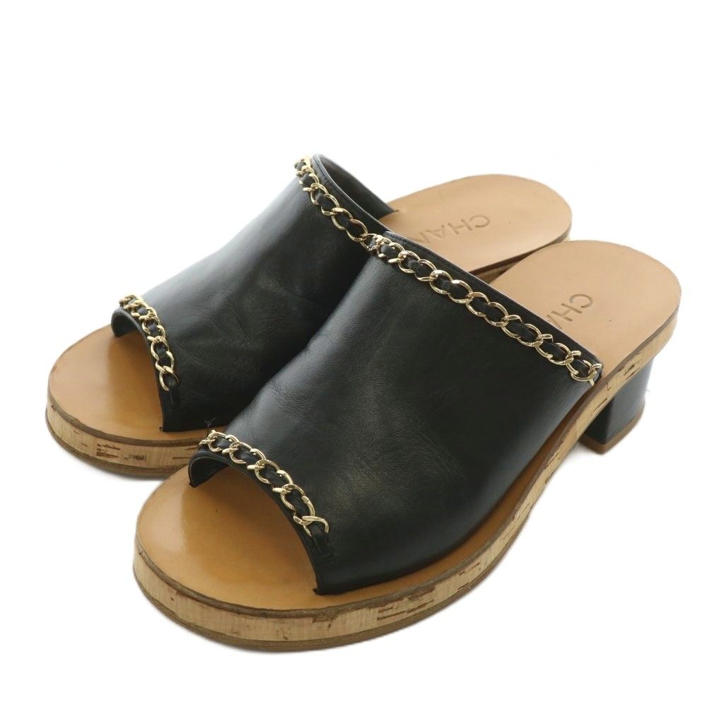 シャネル CHANEL ミュール サンダル レザー オープントゥ チャンキー