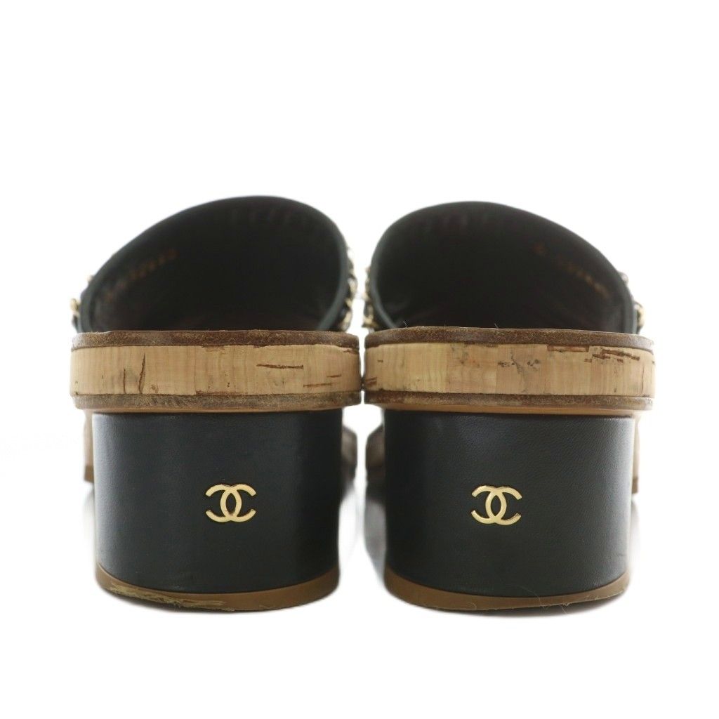 シャネル CHANEL ミュール サンダル レザー オープントゥ チャンキー