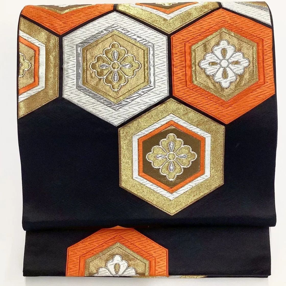 6695］袋帯 花亀甲文様 金銀糸 六通 黒 正絹 着物 フォーマル - メルカリ