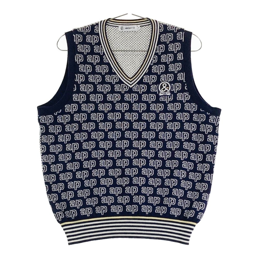 サイズ：M AND PER SE アンパスィ ニットベスト ロゴ総柄 ホワイト系