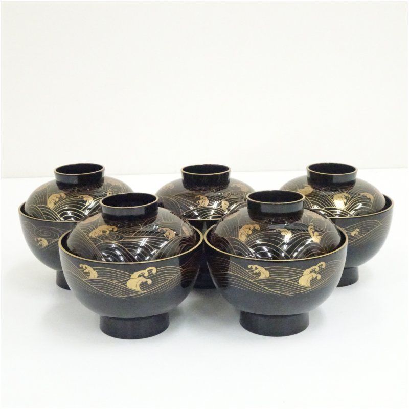 坂本乙造造 会津塗 波蒔絵吸物椀5客（共箱） 吸い物椀 和食器 おしゃれ