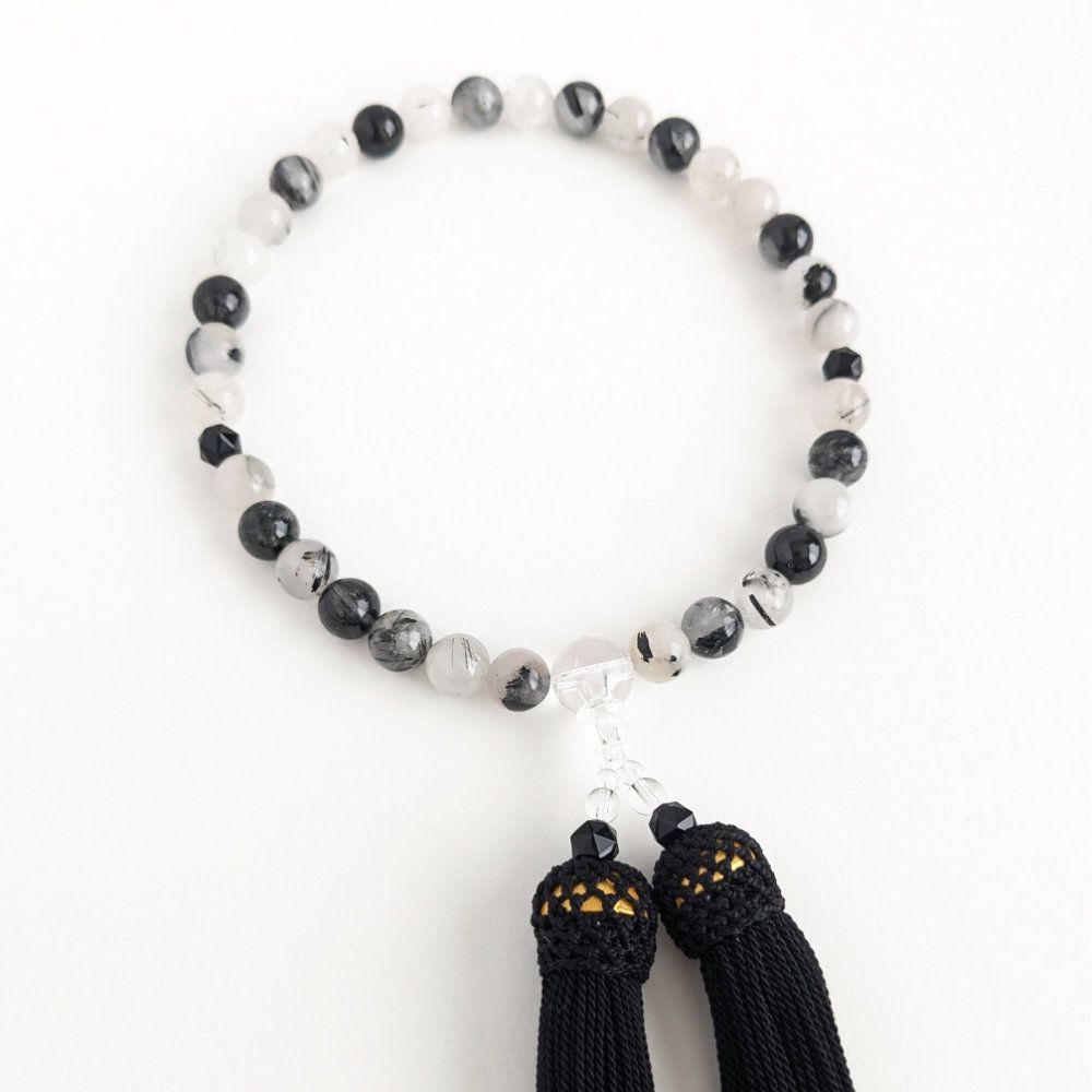 女性用/主玉8mm】トルマリンクォーツとオニキスの数珠・略式念珠/正絹