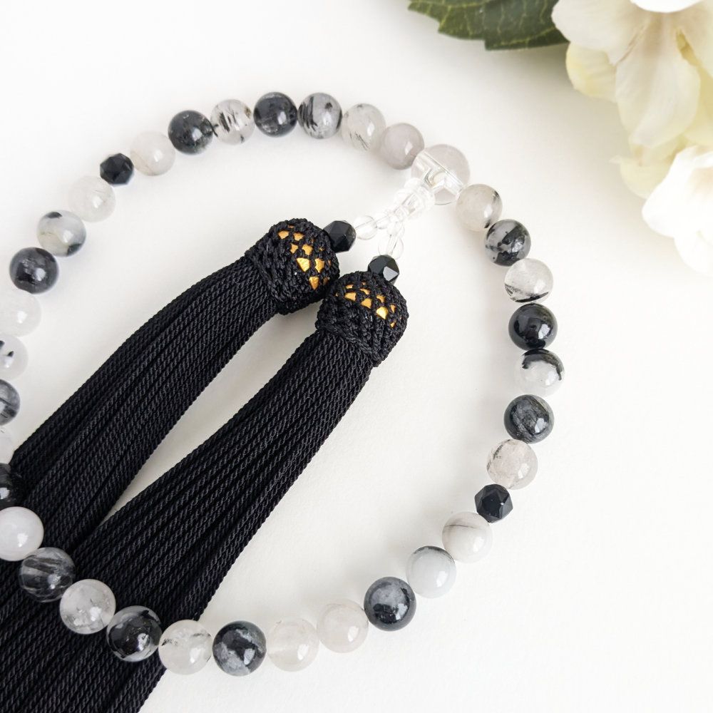 女性用/主玉8mm】トルマリンクォーツとオニキスの数珠・略式念珠/正絹