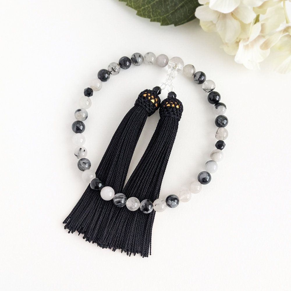 女性用/主玉8mm】トルマリンクォーツとオニキスの数珠・略式念珠/正絹