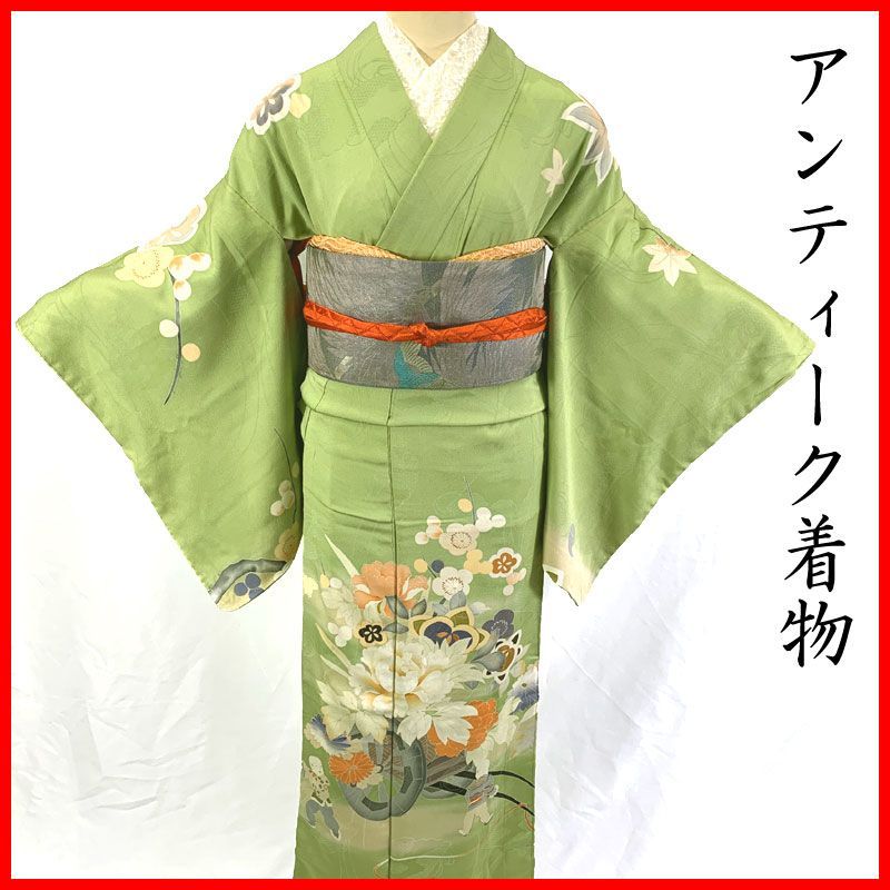 602aa21◇アンティーク着物 花車 童子 金糸 トロモダン 大正ロマン