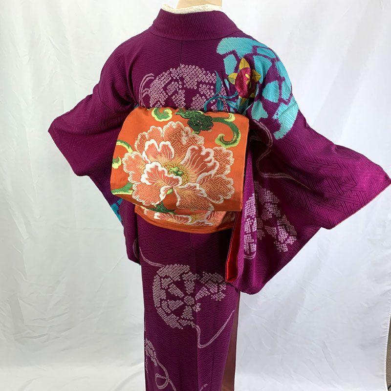 602aa22◇アンティーク着物 橘 刺繍 部分絞り 金糸 レトロモダン 大正