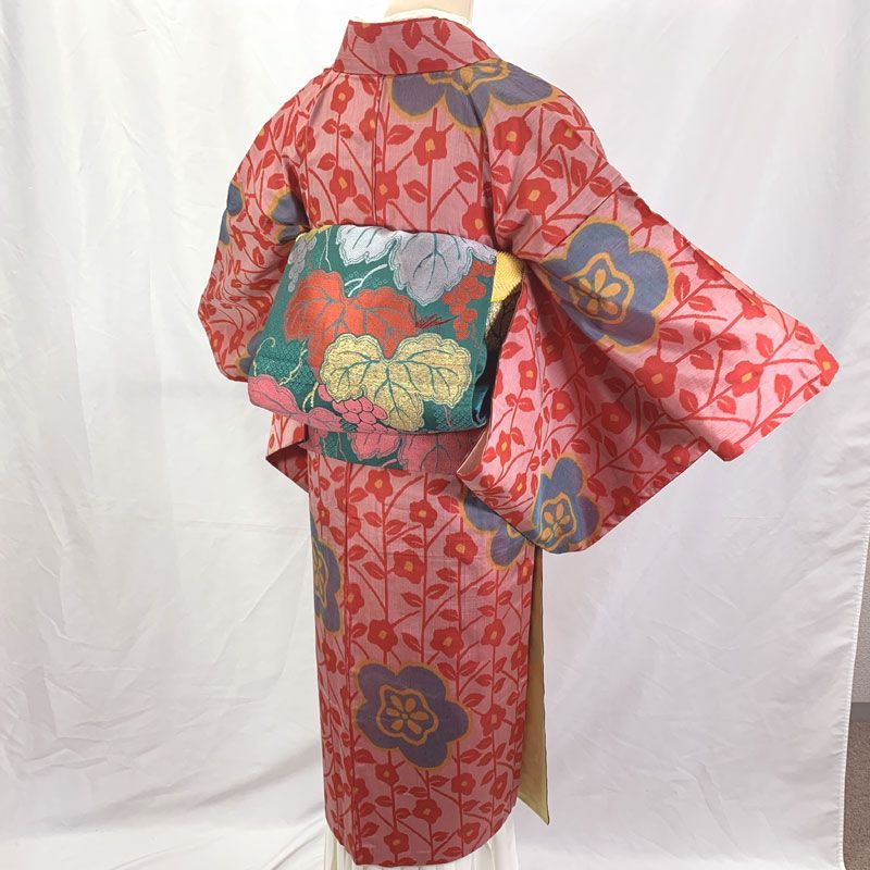 602aa29◇アンティーク着物 銘仙 枝垂れ 椿 梅 レトロポップ 大正
