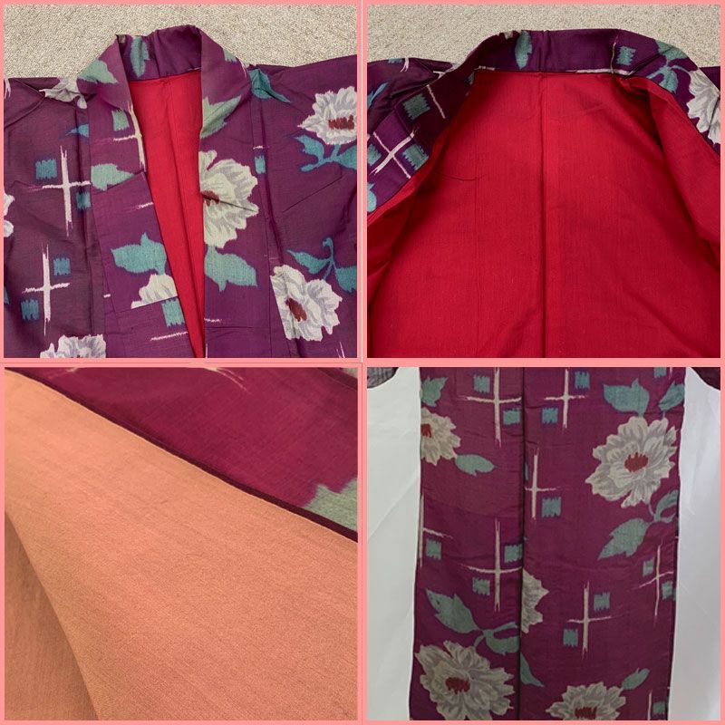 602aa30◇アンティーク着物 銘仙 白牡丹 レトロモダン 大正ロマン 昭和