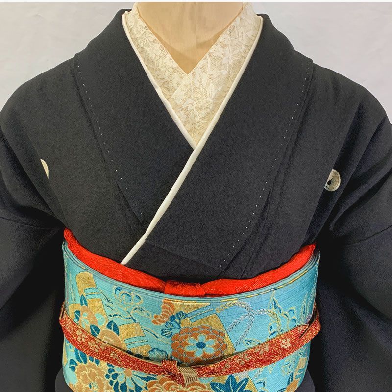 602aa33◇セミアンティーク着物 黒留袖 比翼 五つ紋 菊 桐 刺繍 金糸