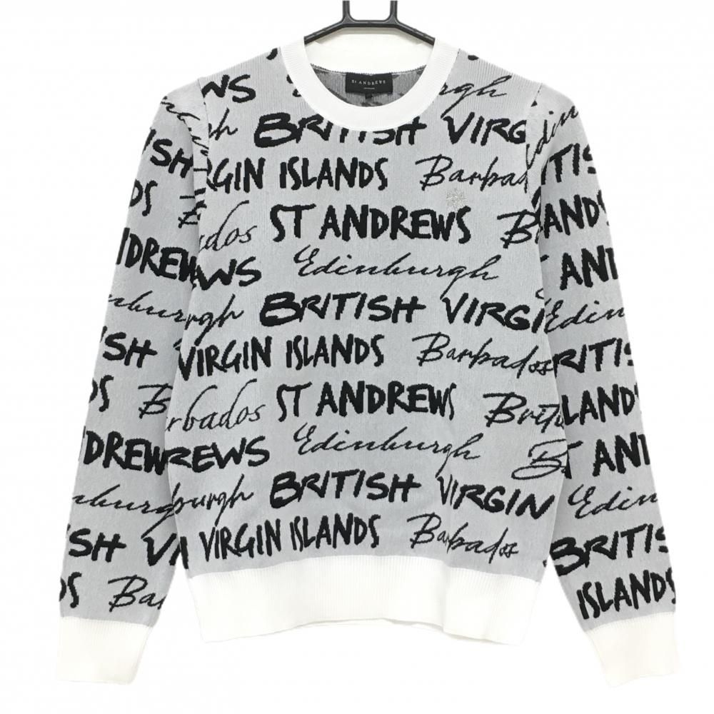 ST ANDREWS 総柄 ロゴニット Mサイズ 美品】セントアンドリュース セーター 白系×黒 英字ロゴ総柄 ニット