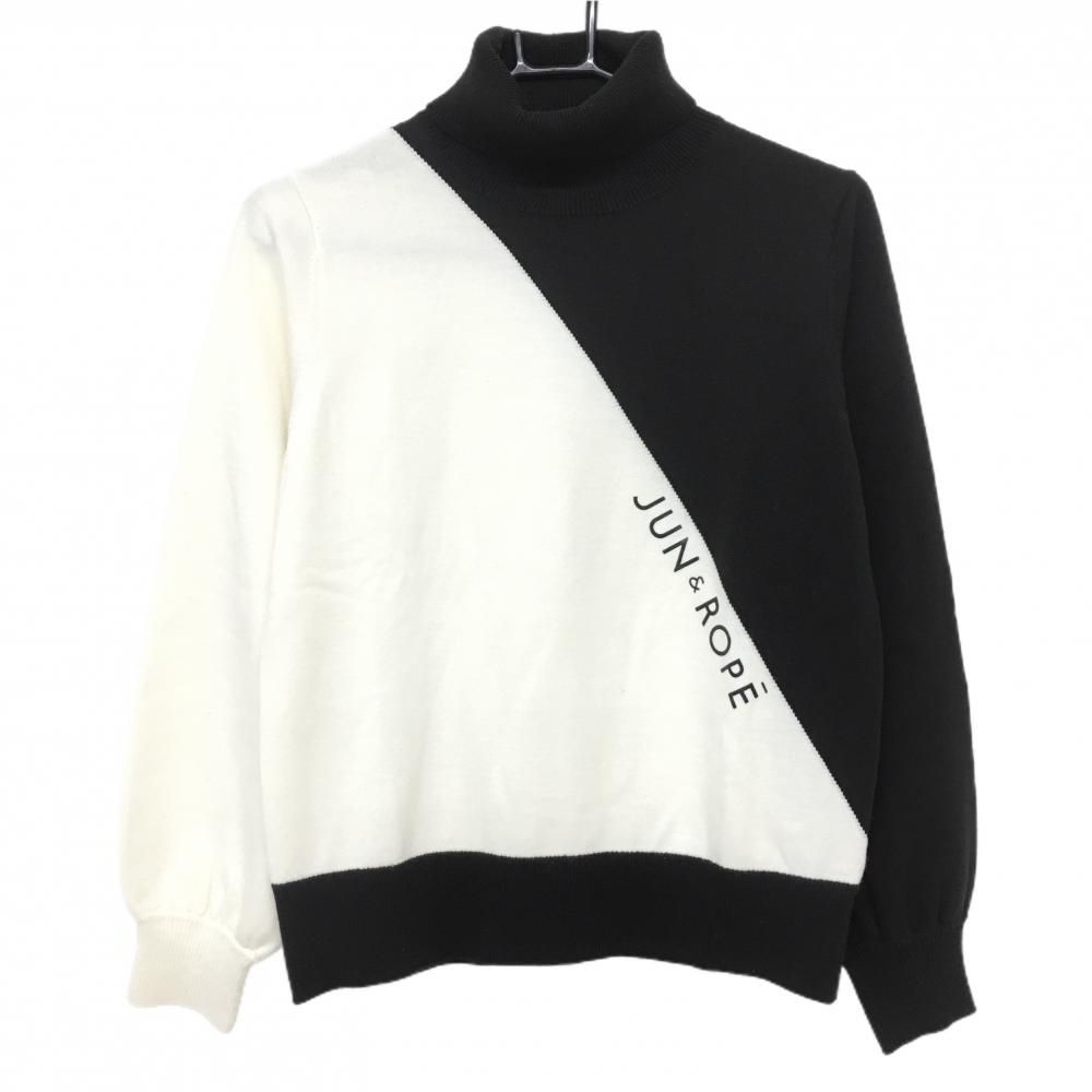 ジュンアンドロペ タートルネックセーター 白×黒 ロゴプリント ウール