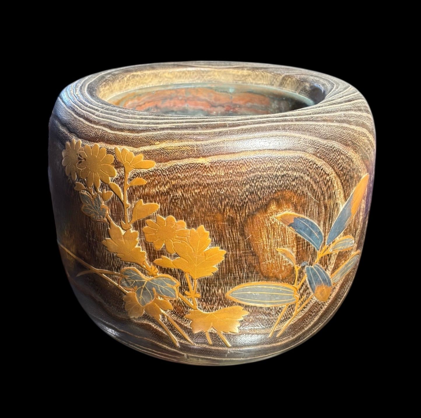 桐火鉢 手あぶり 蒔絵 煙草盆 鳥草花図 火鉢 陶器 時代物 古道具 骨董