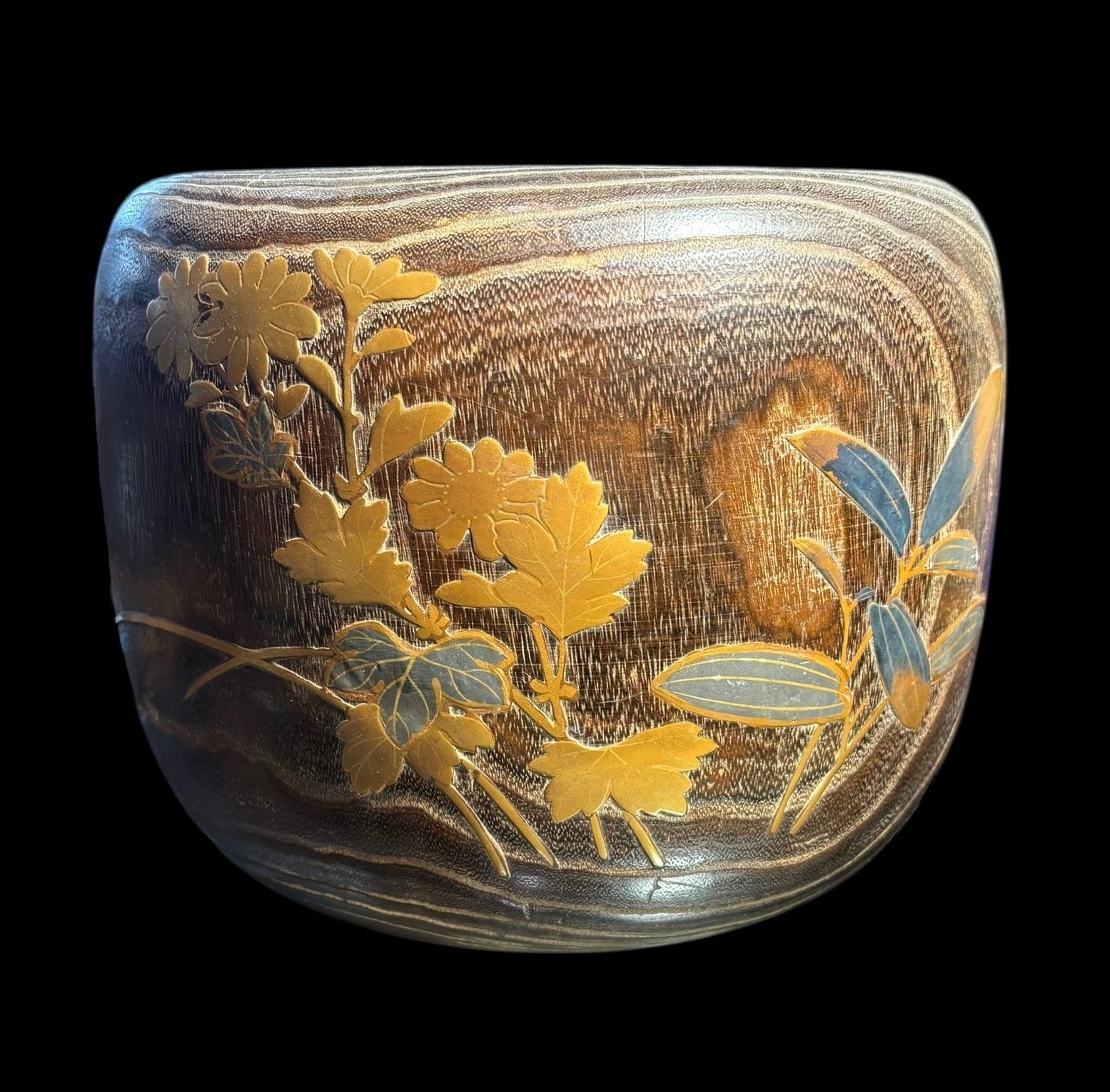 アンティーク 蒔絵 タバコ盆 木製桐花模様 中古品 桐火鉢 手あぶり 蒔絵 煙草盆 鳥草花図 火鉢 陶器 時代物 古道具 骨董