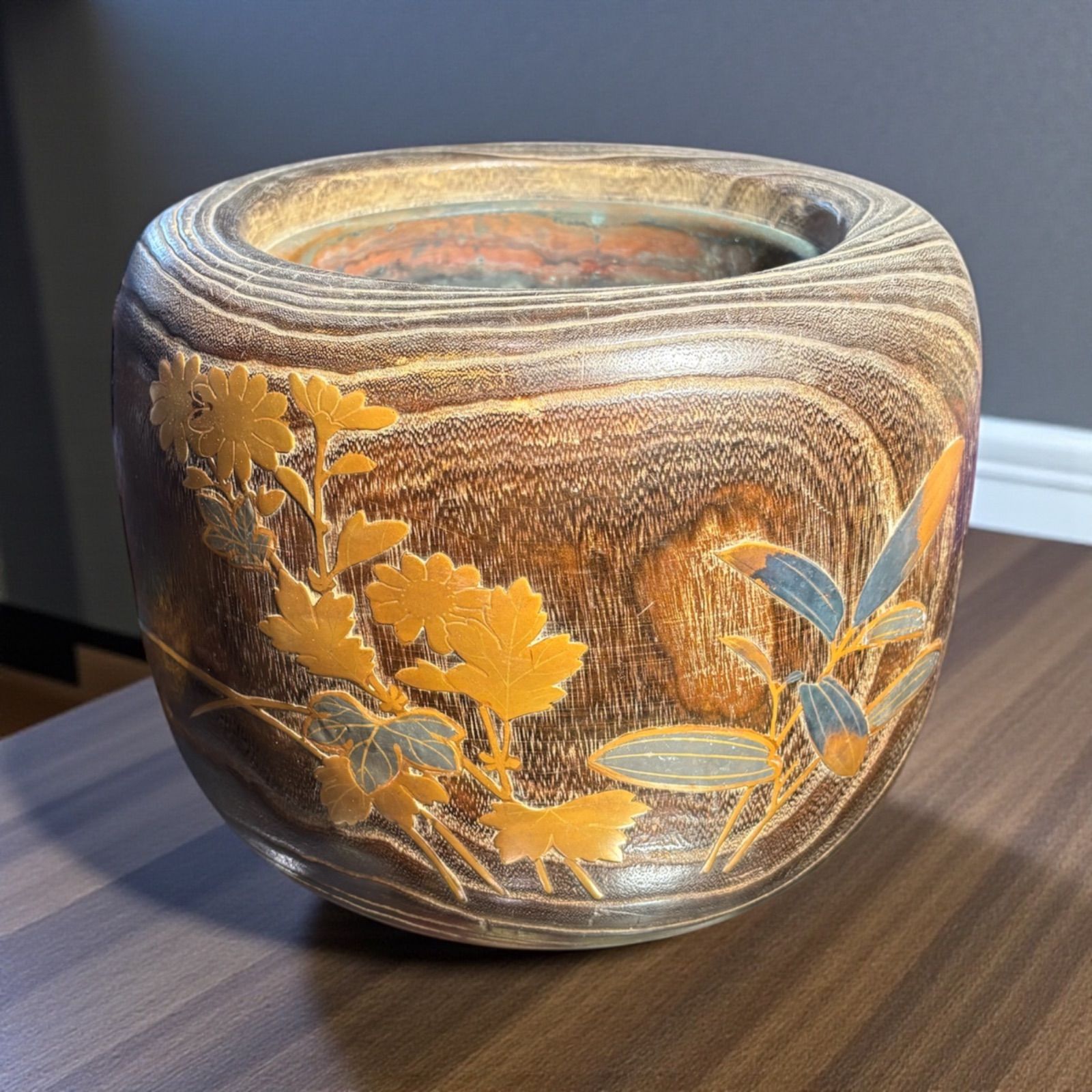 桐火鉢 手あぶり 蒔絵 煙草盆 鳥草花図 火鉢 陶器 時代物 古道具 骨董