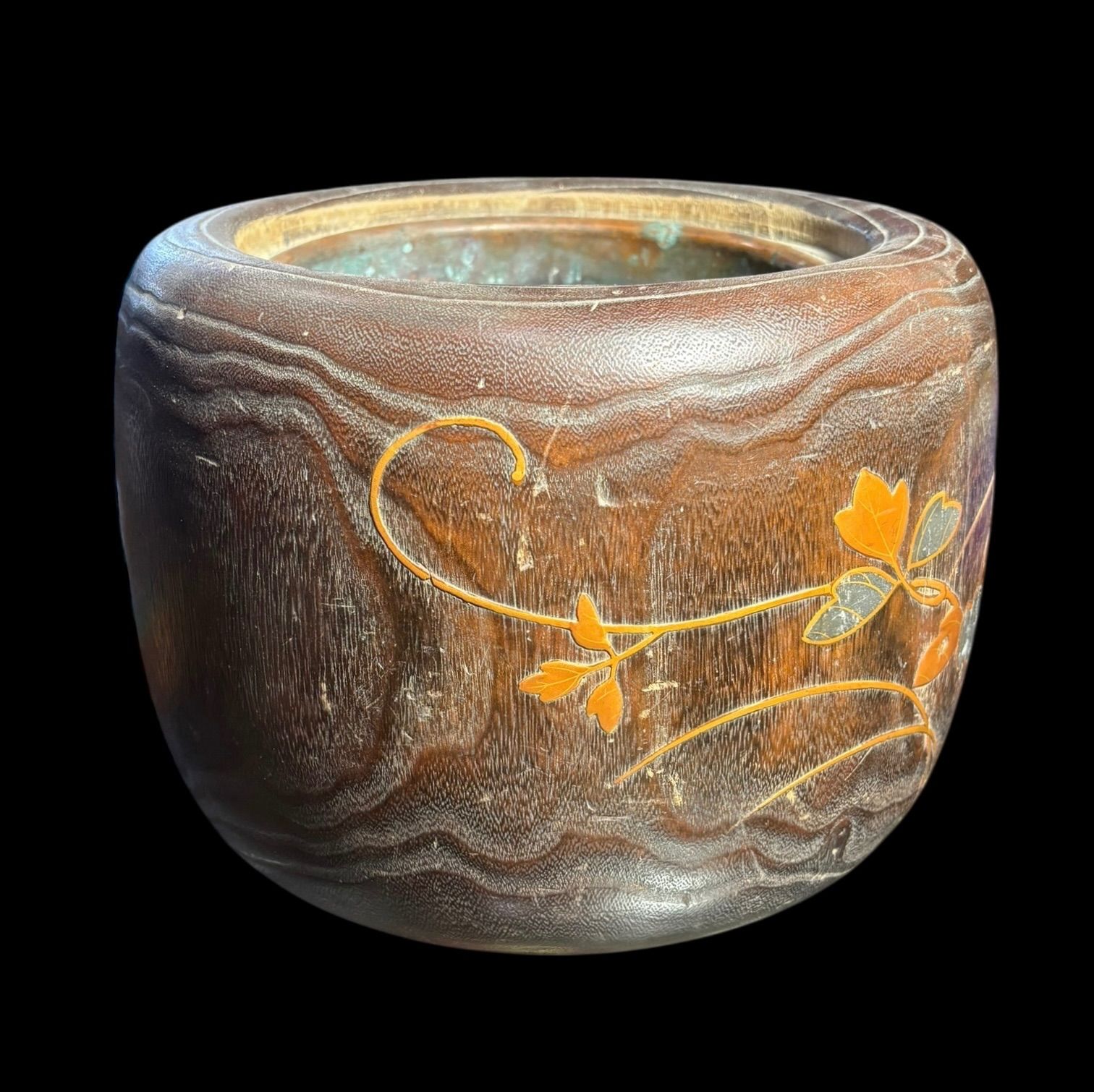 桐火鉢 手あぶり 蒔絵 煙草盆 蝶草花図 火鉢 陶器 時代物 古道具 骨董