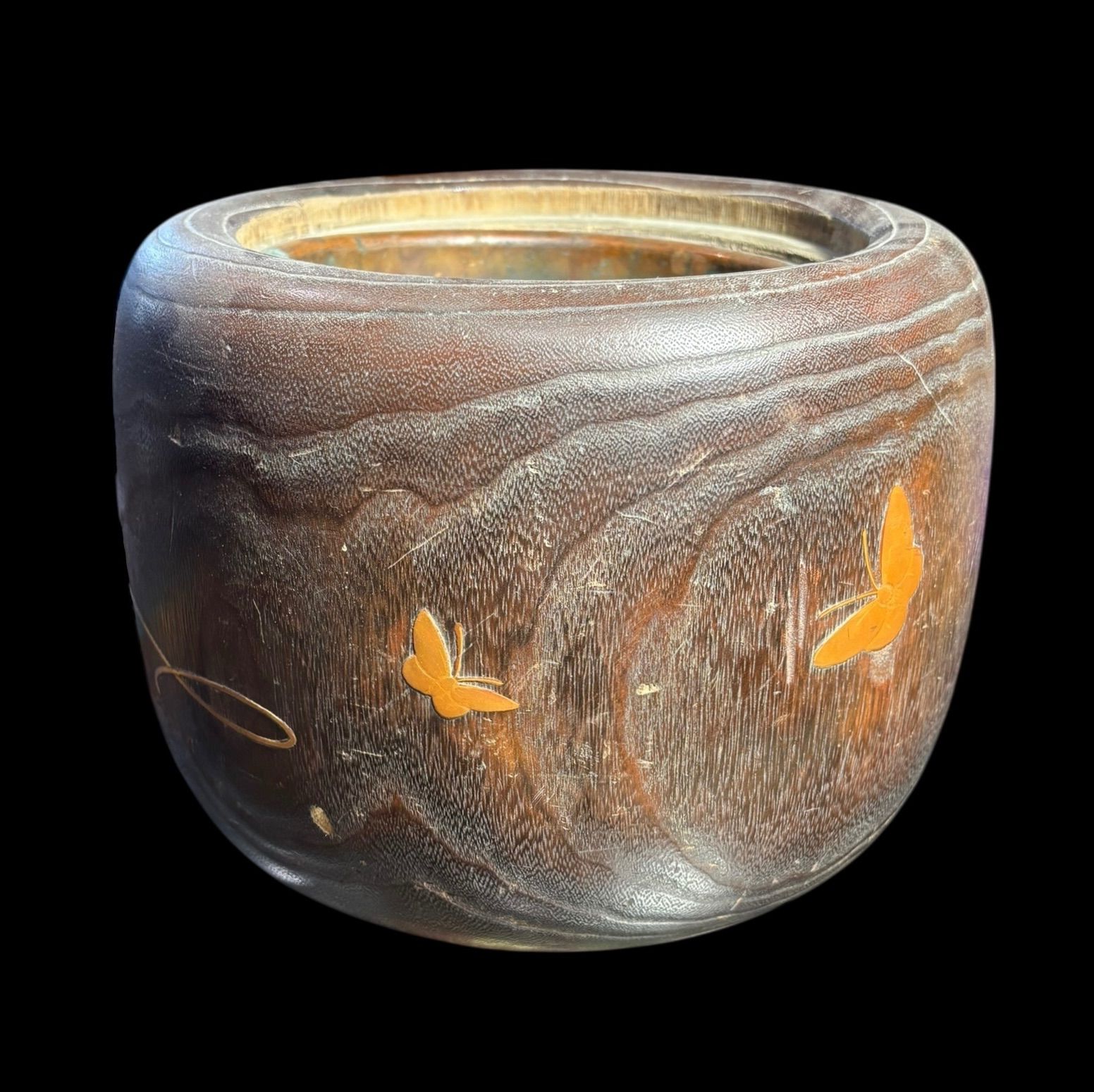 桐火鉢 手あぶり 蒔絵 煙草盆 蝶草花図 火鉢 陶器 時代物 古道具 骨董