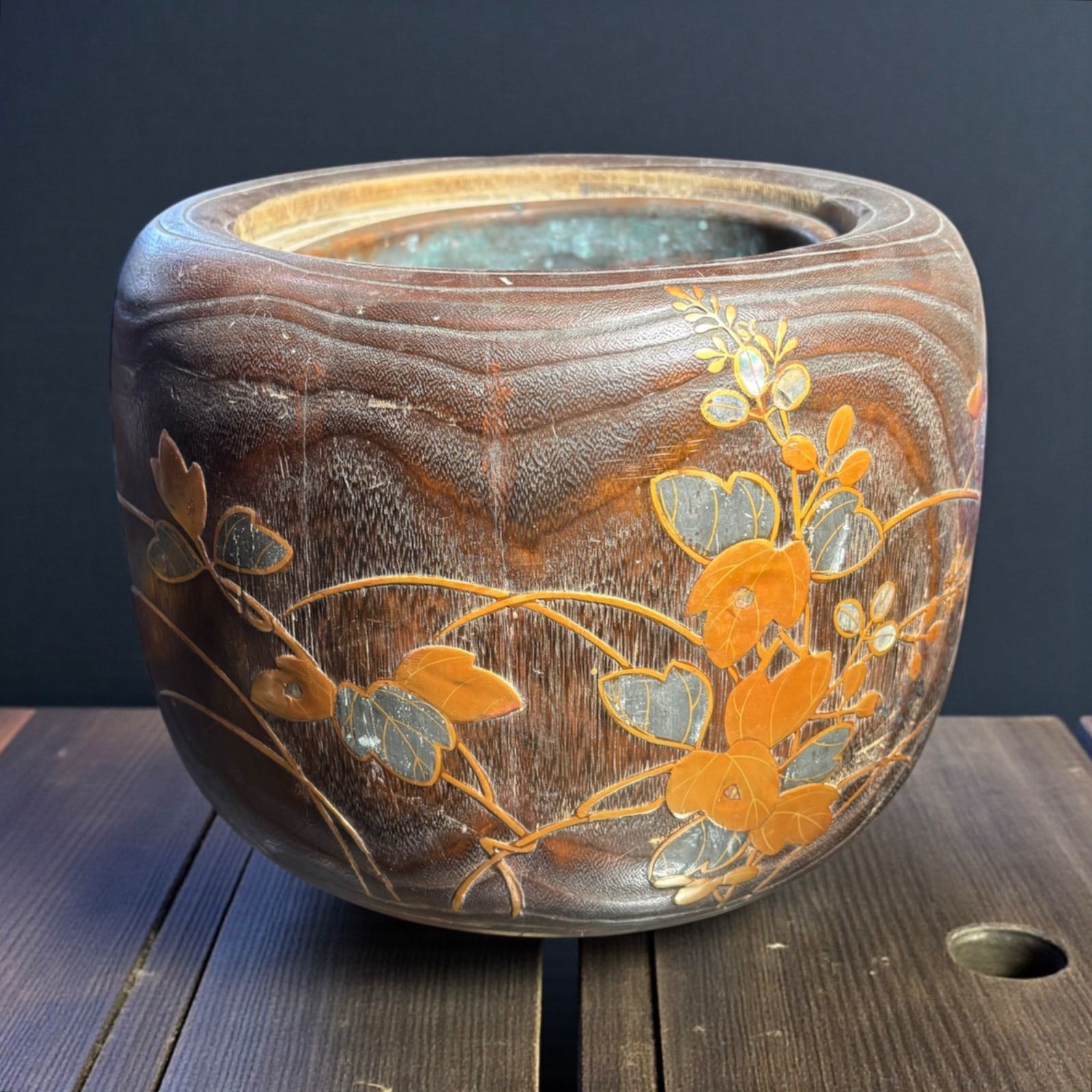桐火鉢 手あぶり 蒔絵 煙草盆 蝶草花図 火鉢 陶器 時代物 古道具 骨董
