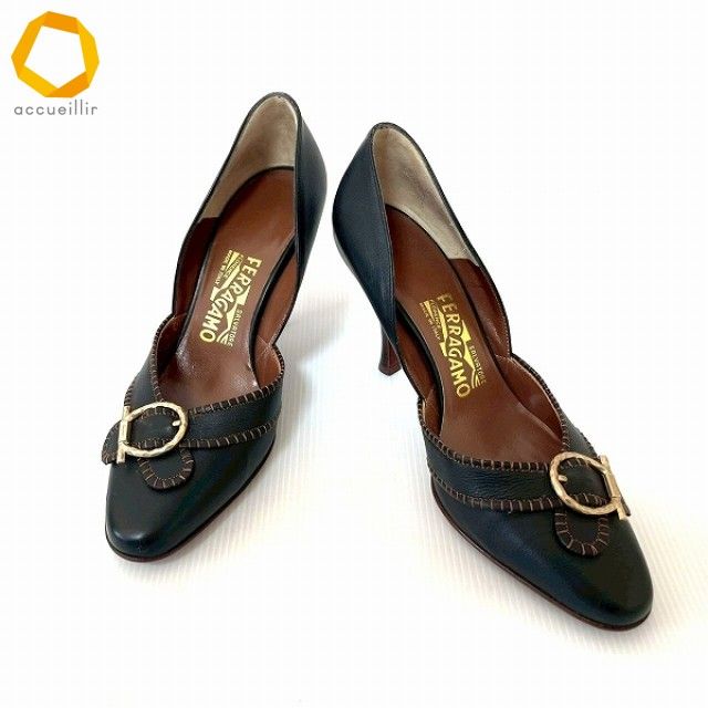 ans フェラガモ Ferragamo パンプス 6 1/2 D 黒 茶 ステッチ