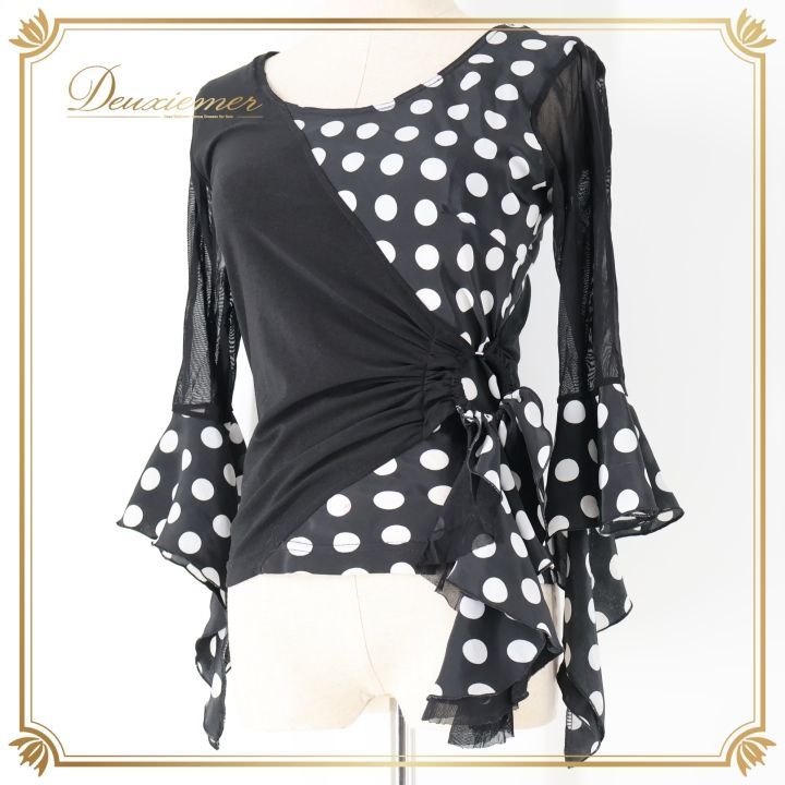 新品　ブラウス　フラメンコ衣装　ドット　水玉　レース フラメンコ 衣装 トップス ブラウス ブラック系 イチオク 黒 白 水玉
