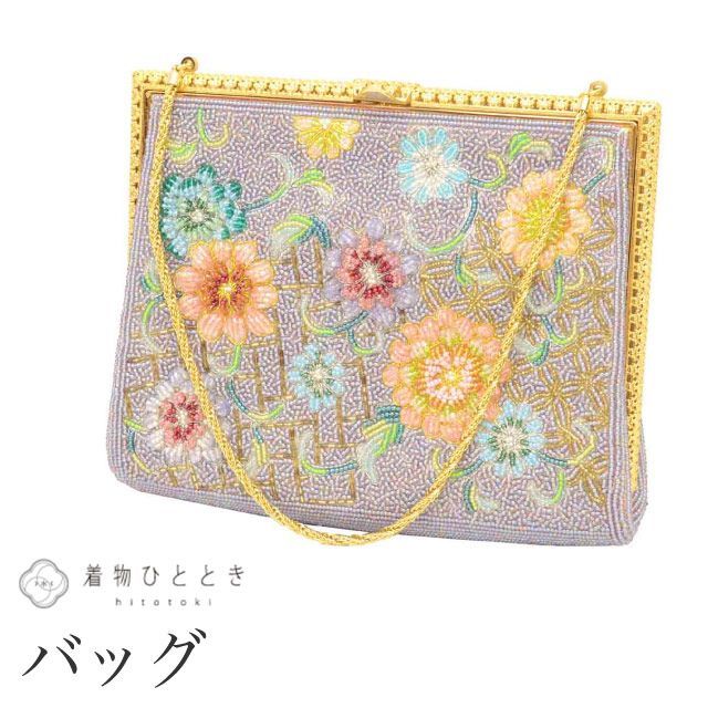 ビーズバッグ リサイクルバッグ ビーズ 花文様 紫色系 アンティーク